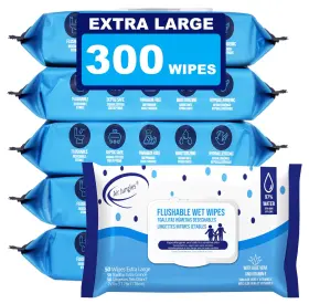 Air Jungles 850027181615 Flushable Wipes 6 Pack 300 Extra Large 7 Inch X7 Gentle Cleansing Adult