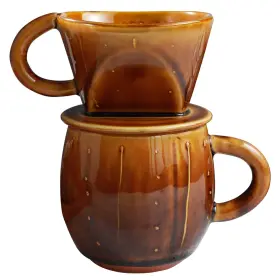 Asayu Japan 571550373464 Ceramic Coffee Pour Over Maker Set In Caramel Slow Brewing Paper Filter Hold