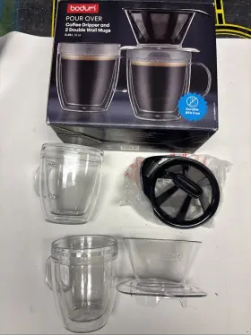 Bodum 699965468798 Pour Over Coffee Dripper And Two Double Wall Mugs New