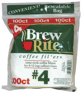 40-100z01b Brew Rite #4 Coffee Filters 100 Ct Cone Style 8-12 Cup Chlorine Free Fast Ship