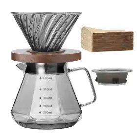 Dpocm-002 Gsform Lalord Pour Over Coffee Maker 20oz Borosilicate Glass Carafe Walnut Handle Black