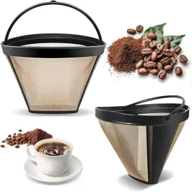 Heqxwl 313096959900 2pcs Reusable No.4 Cone Coffee Filters 8-12 Cup Gold Filter Basket
