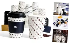 Cc2240302 Hoften 100 Pack 12 Oz Paper Coffee Cups With Lids Printed