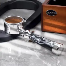 X004491qij Ikape Bottomless Portafilter 54mm 16g Wood And 304 Stainless Steel Black Silver