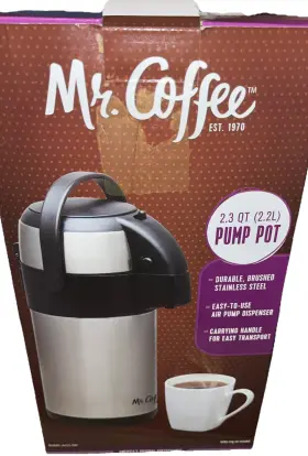 Mr. Coffee 072179233411 Pump Pot 2.3 Quart Carrying Handle Easy To Use Air Dispense Nob