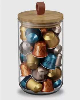 130432 Nespresso Mini Display Capsule Dispenser Glass Bamboo Lid No Capsules Nib