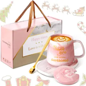 Warmer-154 Nitial Thank You Coffee Warmer With Mug Set For Women Pink Marble Warming Plate