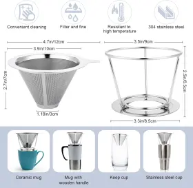 Oioxcdh 313107145100 Pour Over Coffee Maker Filter Slow Drip Paperless Stainless Steel Cone #2