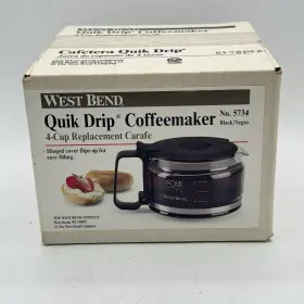 5734 West Bend 4 Cup Replacement Glass Carafe No. With Black Lid New Sealed