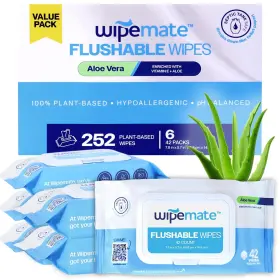 Wipemate 810154460380 Ultra Flushable Butt Wipes Soothing Vitamin E And Aloe 99% Water Vera S