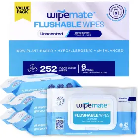 Wipemate 810154460427 Ultra Flushable Butt Wipes Soothing Vitamin E And Aloe 99% Water Un