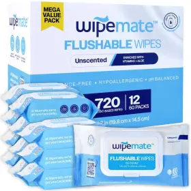 Wipemate 810154460670 Ultra Flushable Butt Wipes Soothing Vitamin E And Aloe 99% Water Unscented P