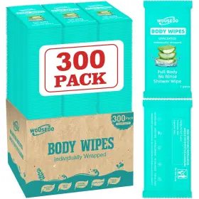 W300-cyan Wousedo 300 Pack Individually Wrapped Body Wipes 8 Inch X 9.5 No-rinse Shower Wipe For
