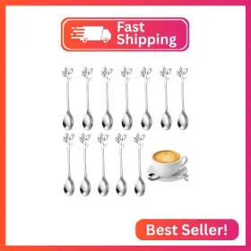 Yenblow Spoon-12pcs-01 12 Pcs Dessert Spoons 4.9 Inch Elegant Silver Creative Leaf Mini Stainless Steel Es