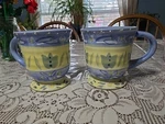 2- Les Fleurs Coffee Mug Cup Hand Painted Floral Yellow Blue 20 Oz. Fixed Price $12.00.