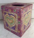 Zipkin Sweet Shoppe Tissue Box Cover Pink Purple Yellow Hearts Metal Square. Fixed Price $18.00.