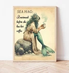 Mermaid Drinking Coffee, Sea Hag Definition Vintage Watercolor Art Print. Fixed Price $9.50.