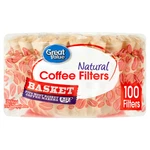 Great Value Natural Basket Coffee Filters, 100 Count. Fixed Price $6.23.