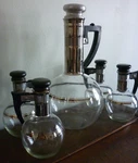 Bakelite Handle Coffee Tea Carafes Glass & Silver Trim - 1 Large 4 Small (5 Pcs). Fixed Price $105.00.