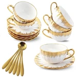 6PCS Luxury Ornate Gold Rim Ceramic Coffee Cup & Saucer Set With Spoons Gift. Fixed Price $49.99.